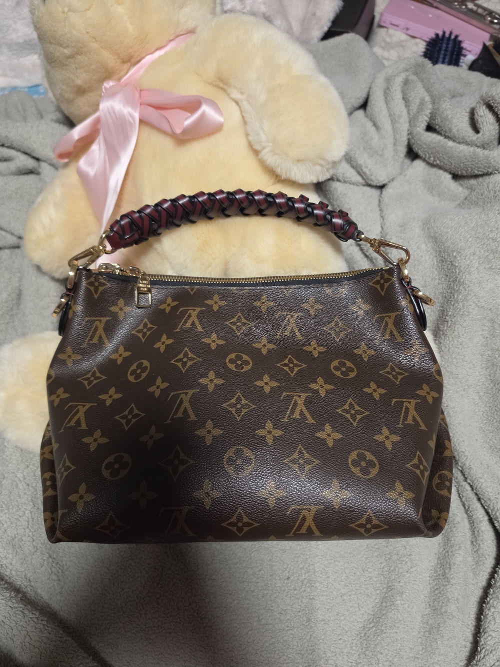 Louis Vuitton Monogram Canvas Shoulder Bag with Braided Red Handle